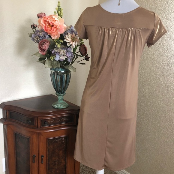 Sushiflower Gold Metallic Short Sleeve Slip Dress - Picture 9 of 14